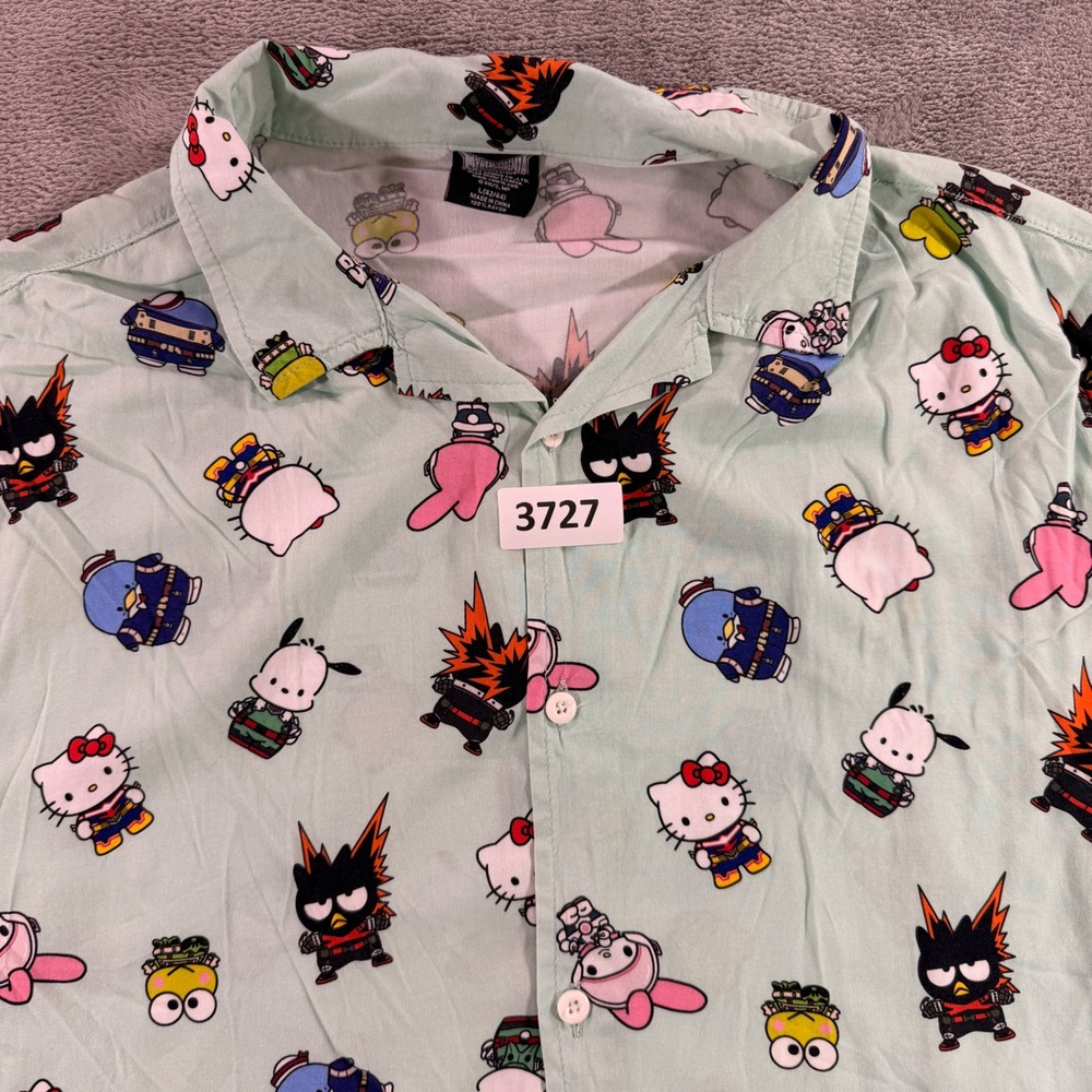 Sanrio My Hero Academia Shirt Men Large Green Hello Kitty Friends Rayon Button‎